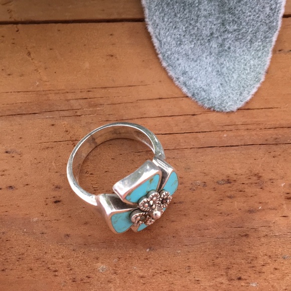 [ Sterling Silver 925 Floral Turquoise Ring ] 5? - Picture 2 of 7
